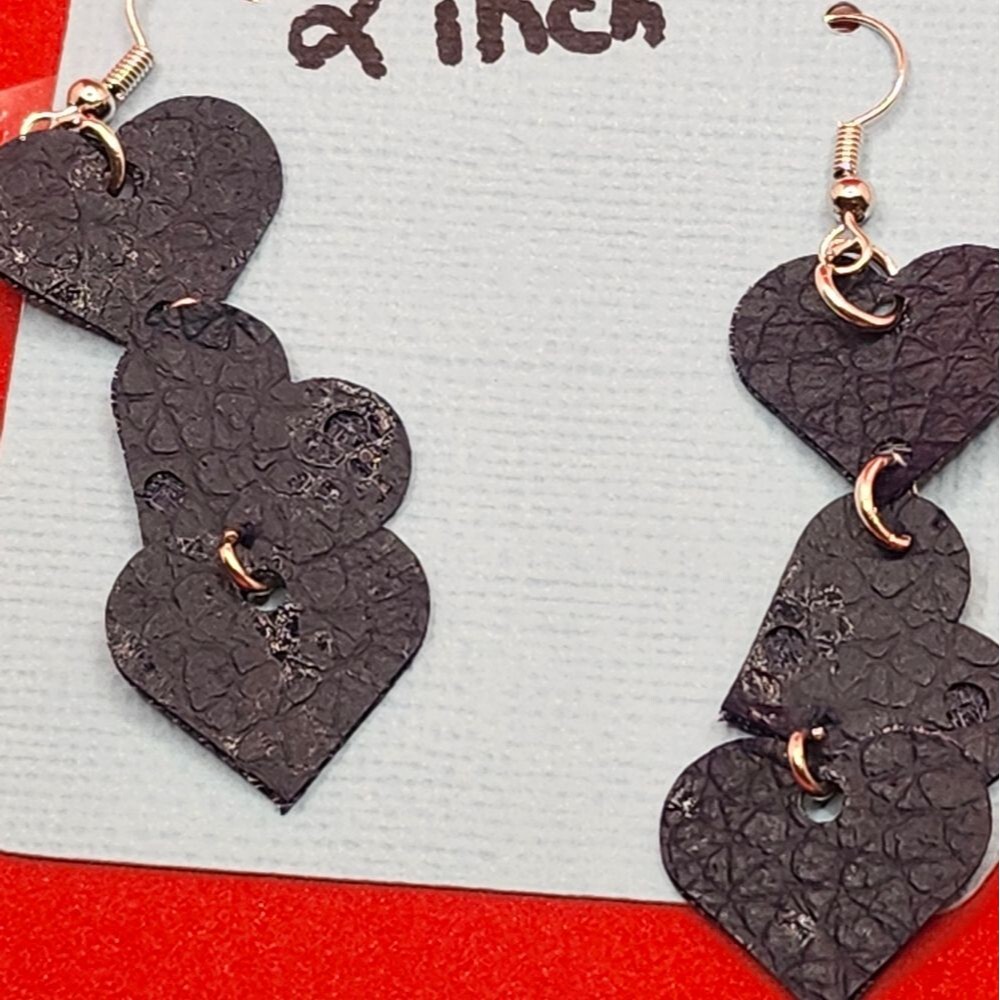 Hand Crafted Dangle Earring Navy Blue Faux Leather Heart